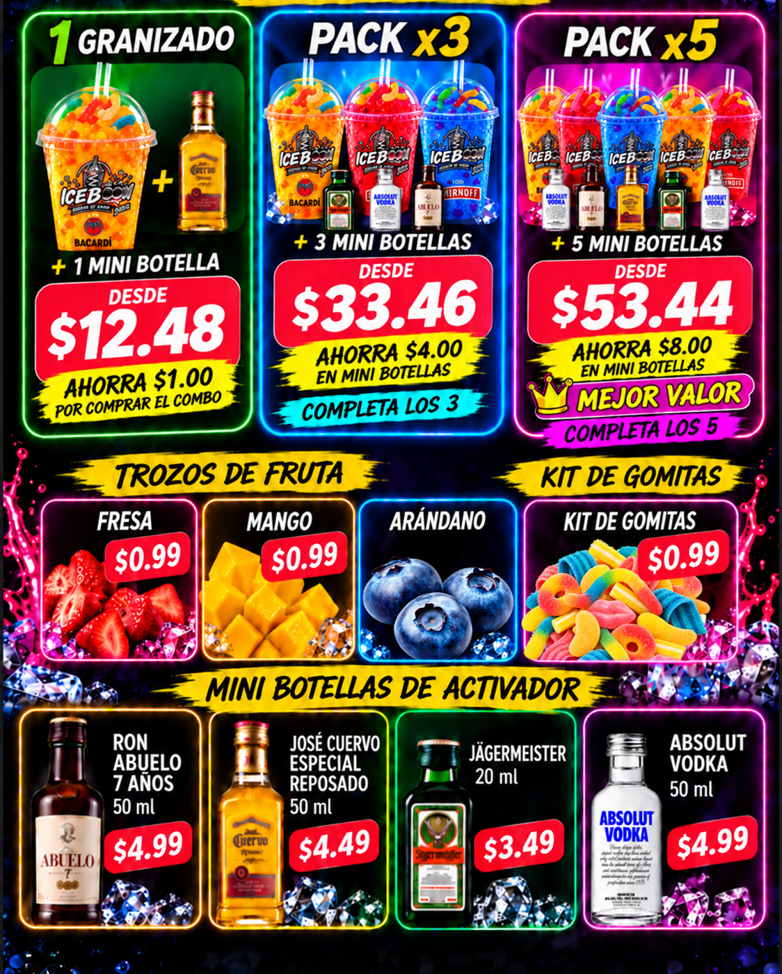 Promociones de ICEBOOM con packs, toppings y mini botellas de activador